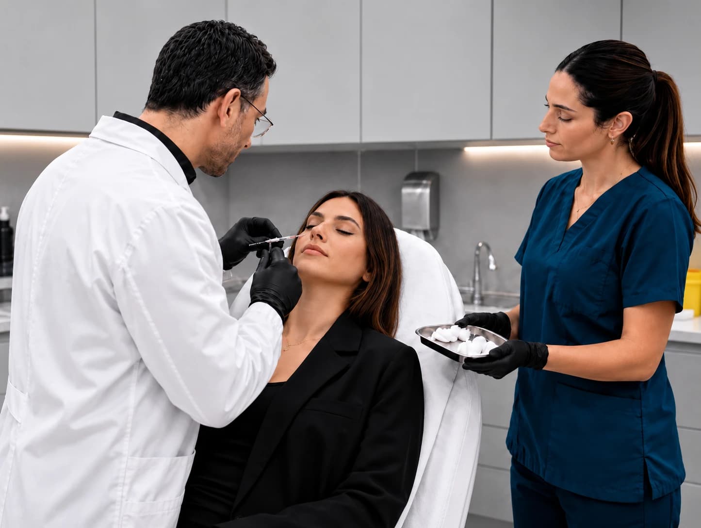 Un médico infiltra a una paciente acompañado de una enfermera en un box de clínica.